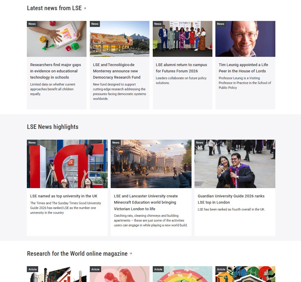 Decorative image: LSE News page demonstrating dynamic news listings and featured content.