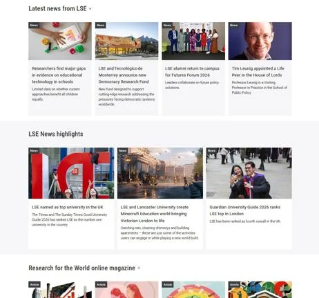 Decorative image: LSE News page demonstrating dynamic news listings and featured content.