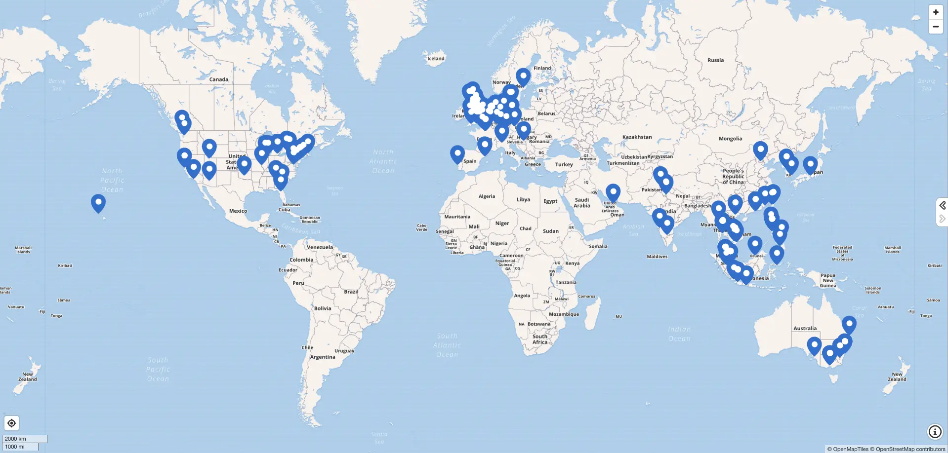 A map with pins denoting the location of SEAC ECR Network members