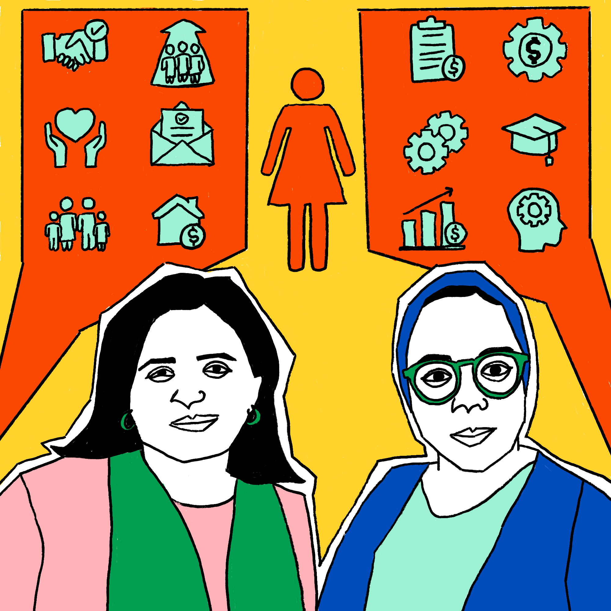episode 4 illustration, two women Yara and Yasmine in foreground, illustrations of women and work in the background