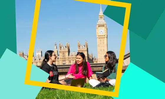 Three students chatting in front of Houses of Parliament