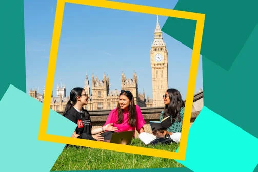 Three students chatting in front of Houses of Parliament