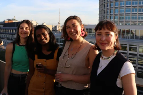 A group of students smiling on LSE rooftop