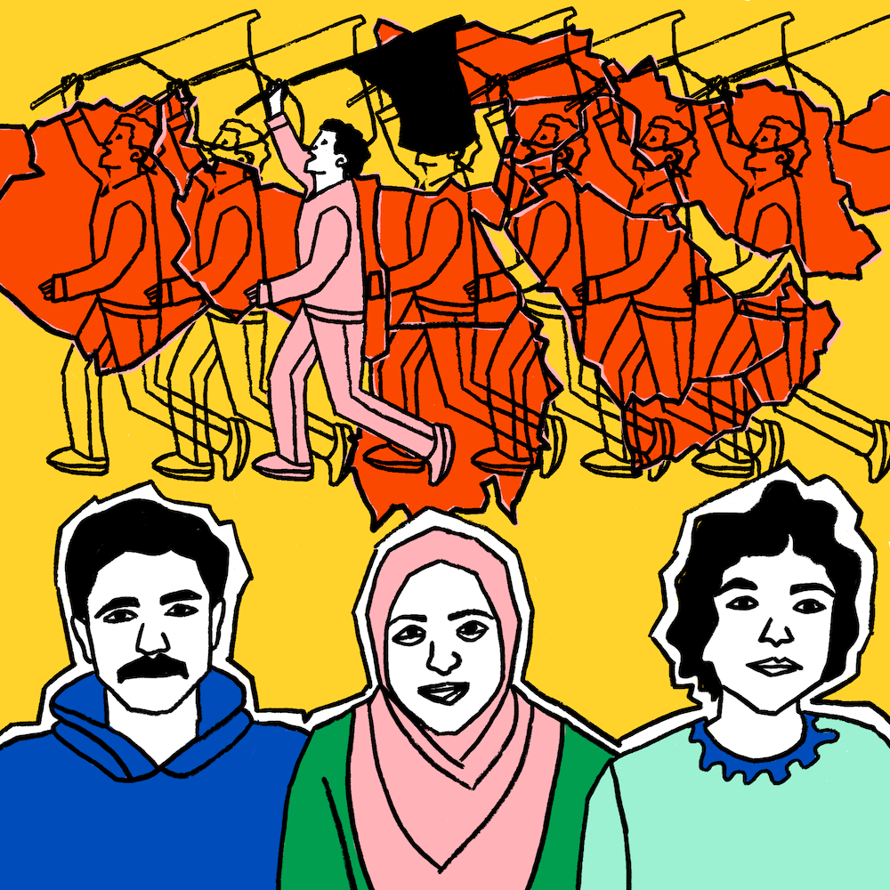 illustration of three guests with protestors in background