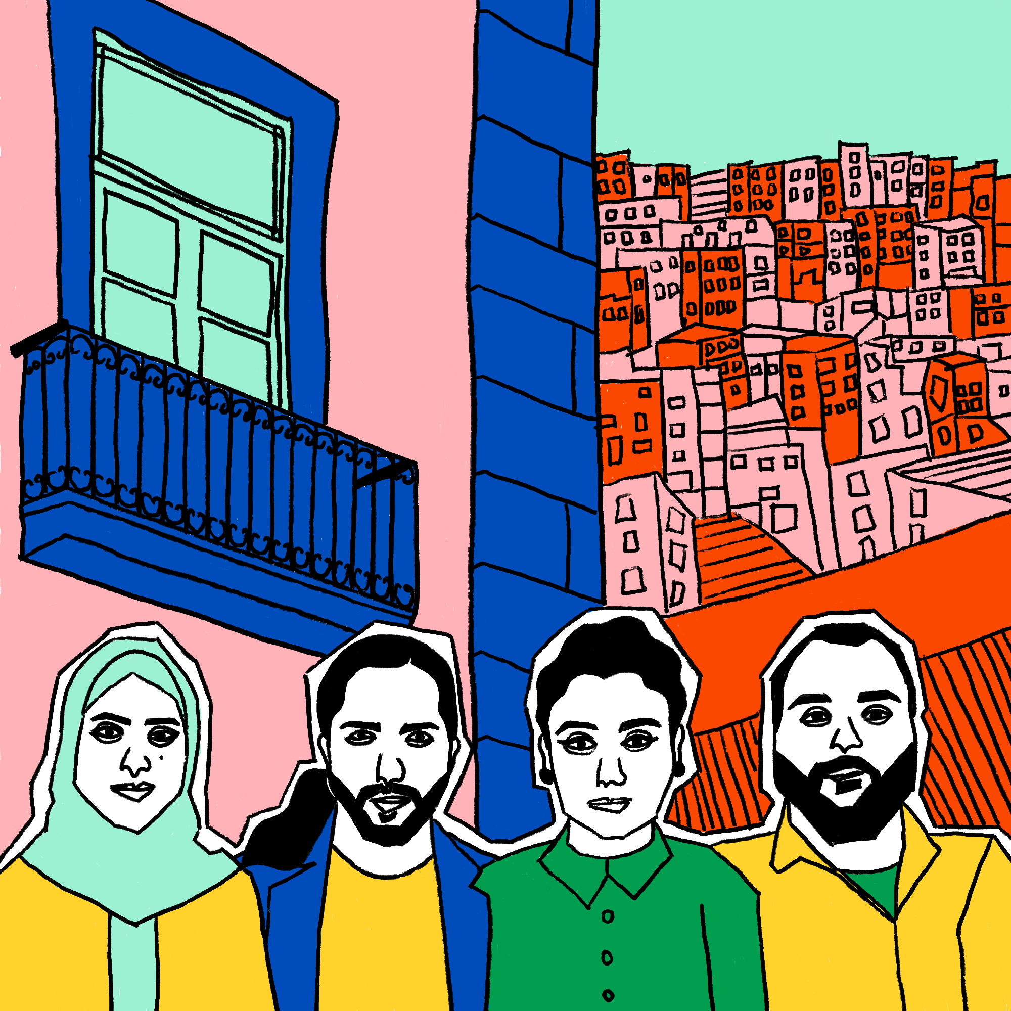 episode 5 illustration, speakers in front of stylised buildings in block colours
