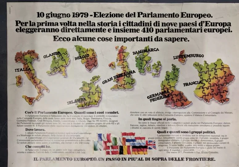 An Italian poster for the first European Parliament elections from 1979, with images of regions from within Italy.