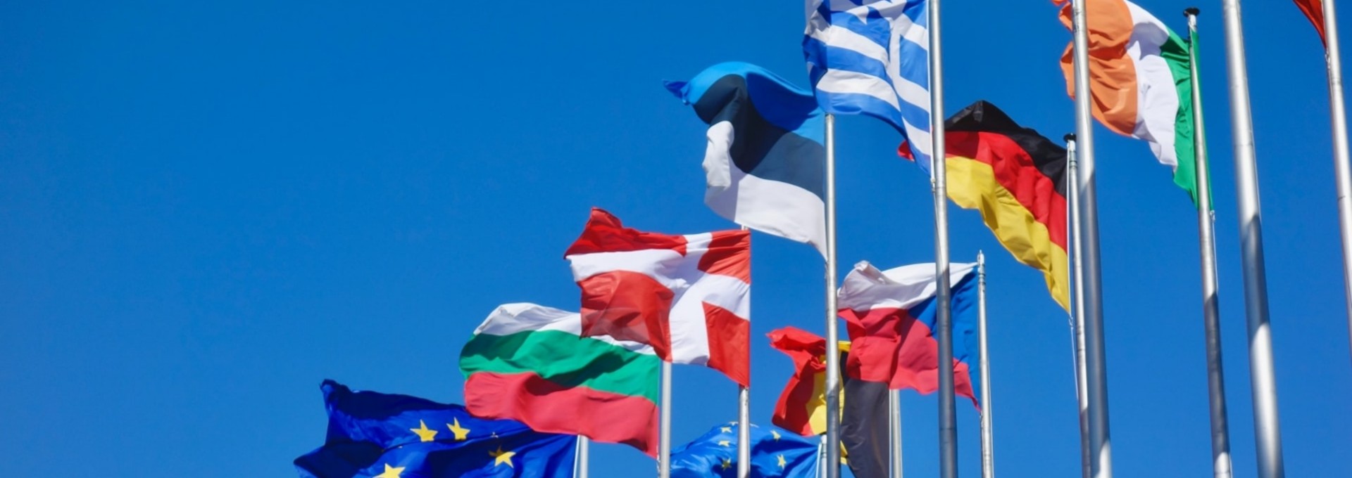 EU country flags and EU flags flying against blue sky