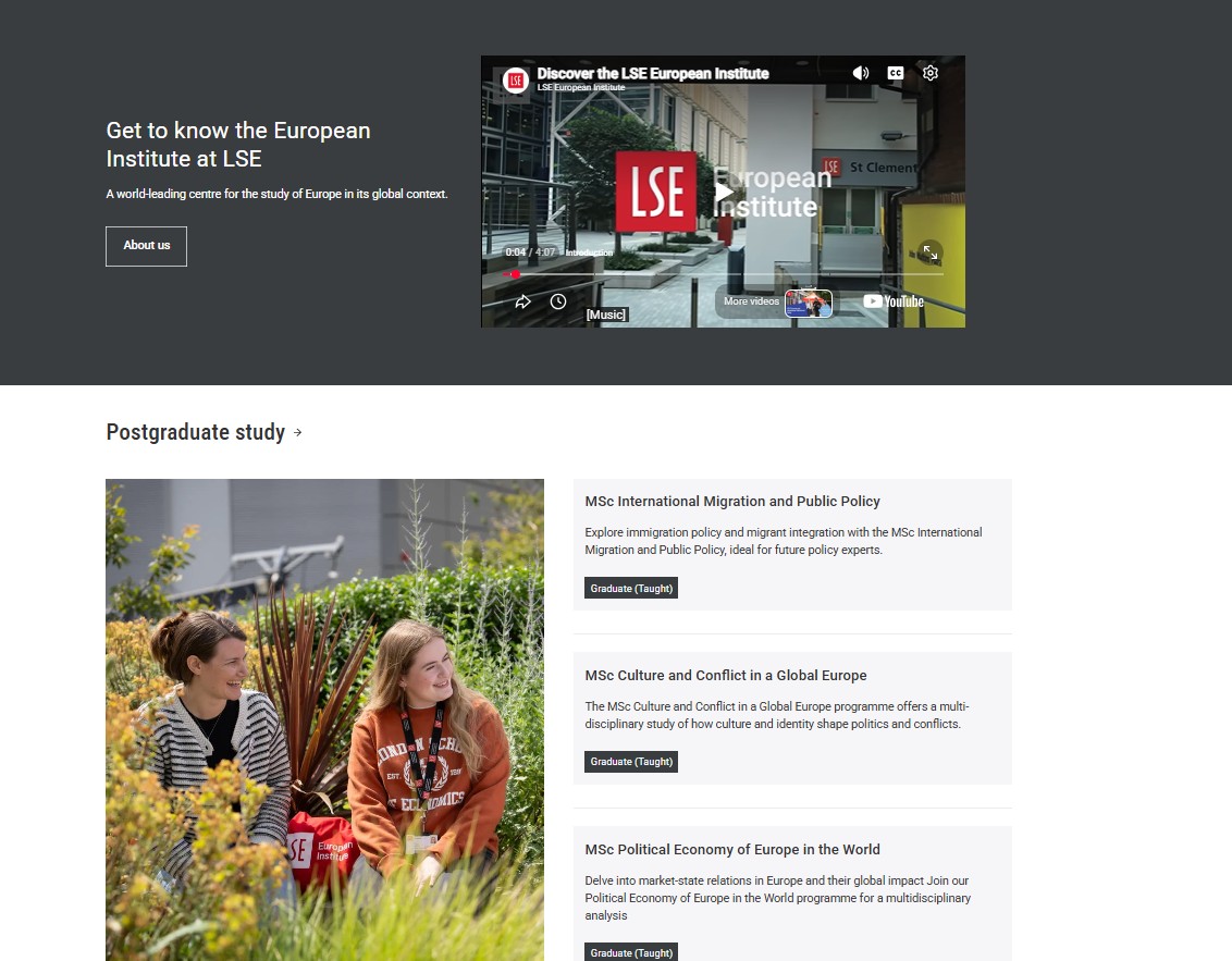 Decorative image: European Institute page demonstrating programme listings and embedded video.