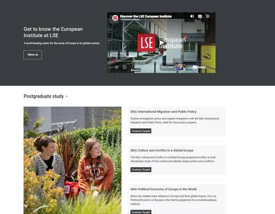 Decorative image: European Institute page demonstrating programme listings and embedded video.