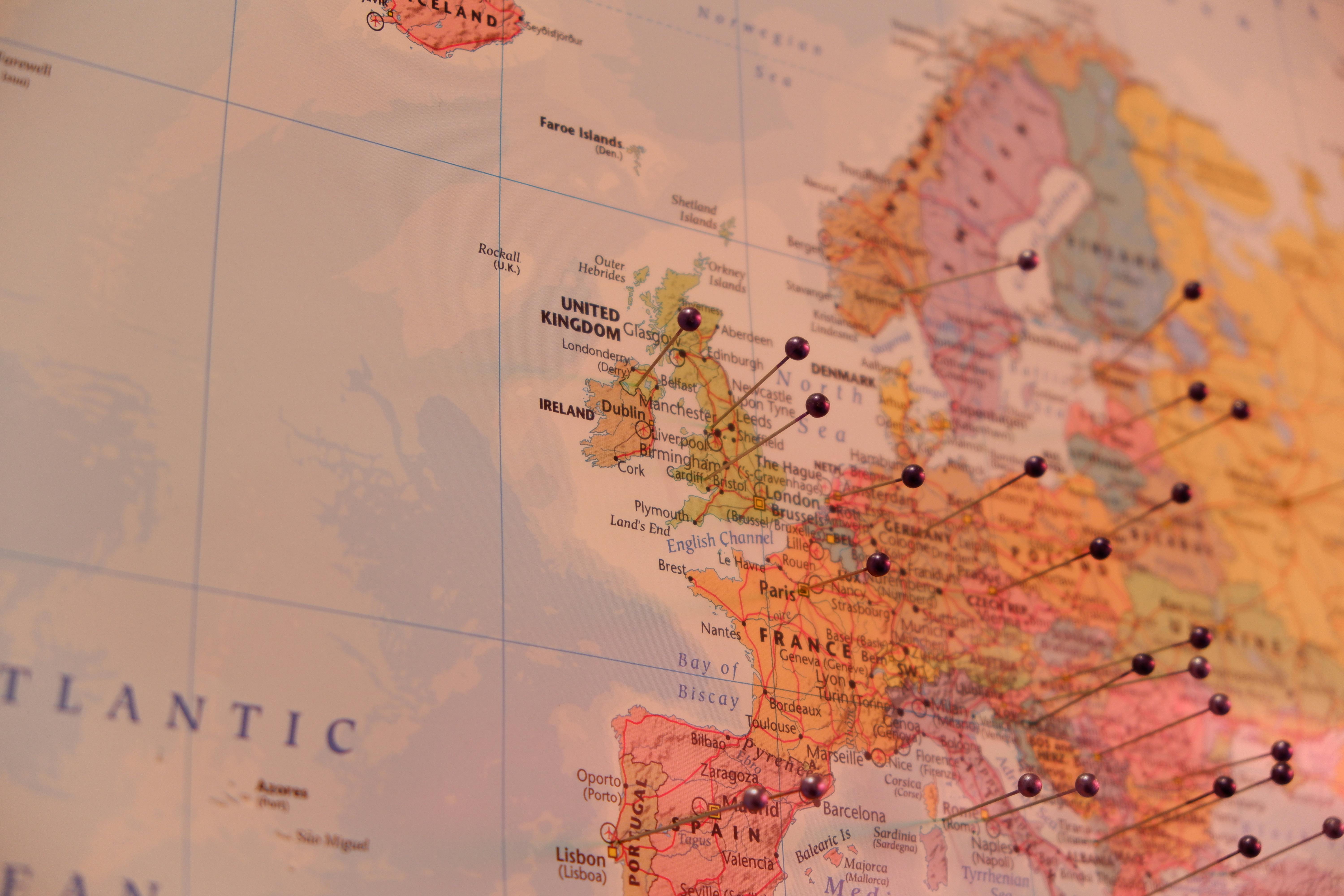 Europe map with pins in it