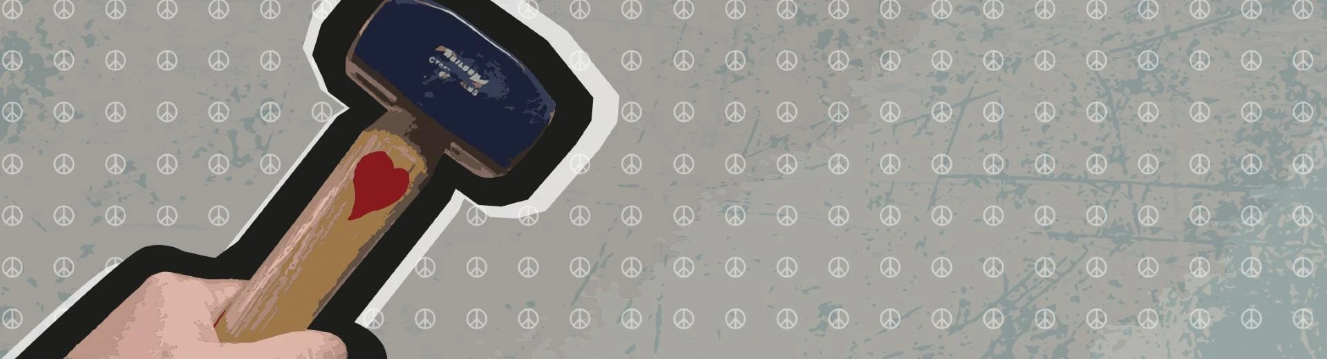 A graphic with a grey background including lines of CND symbols. On top is a hand holding a hammer with a heart on.