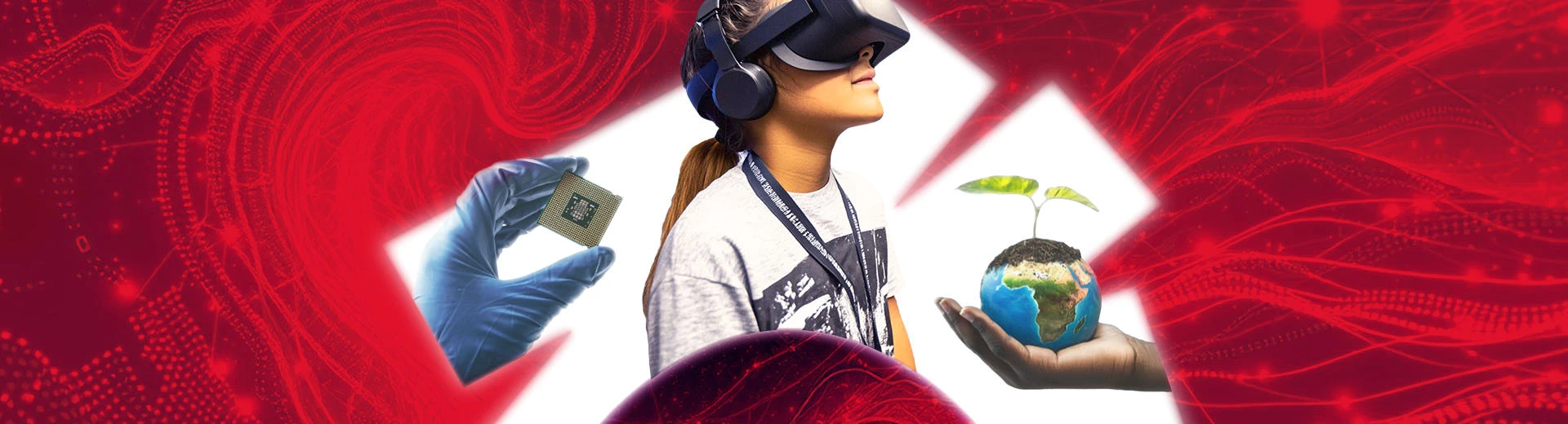 A collage of a girl wearing a VR headset, a hand holding a globe and a hand in glove holding a microchip.
