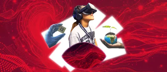 A collage of a girl wearing a VR headset, a hand holding a globe and a hand in glove holding a microchip.
