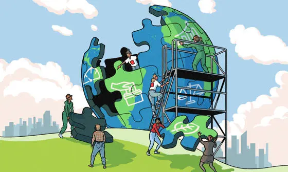 A cartoon of people building a globe out of puzzle pieces