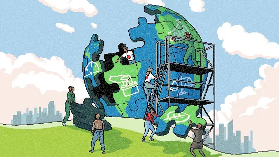 A cartoon of people building a globe out of puzzle pieces