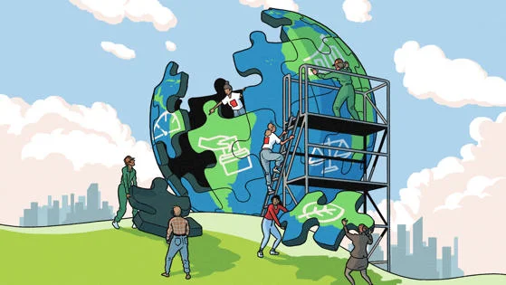 A cartoon of people building a globe out of puzzle pieces