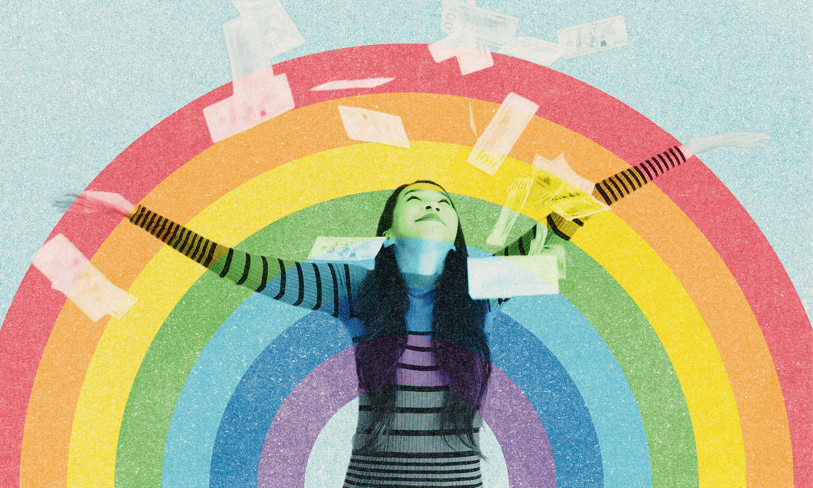 Woman looking happy and as if she has just thrown money in the air 