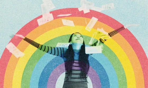 Woman looking happy and as if she has just thrown money in the air