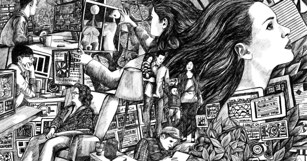 The image is a very detailed, black-and-white sketch-like illustration featuring a complex scene of interconnected figures and technology. 