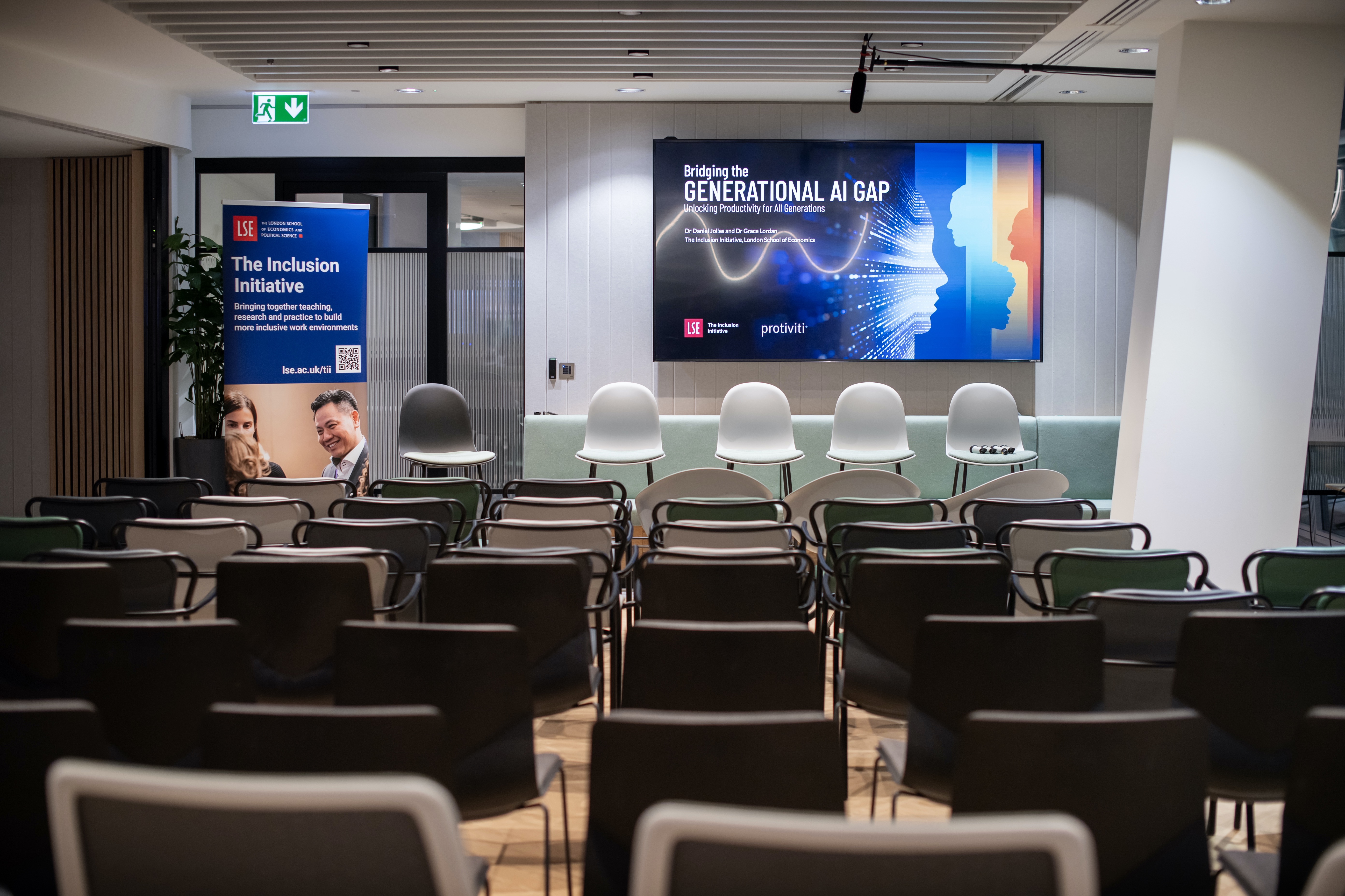 Event space in the shard set up for a panel discussion 