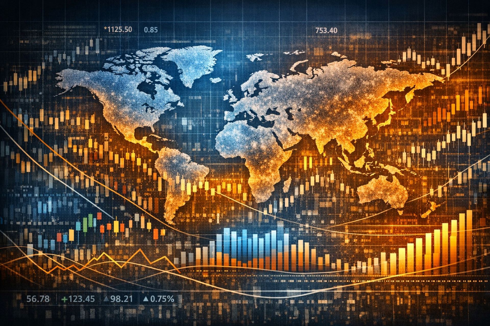 Map of the world overlaying graphs and charts