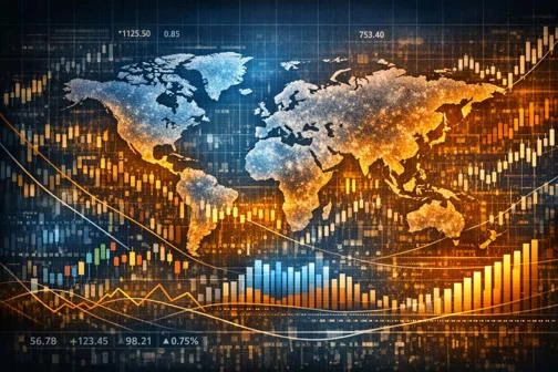 Map of the world overlaying graphs and charts