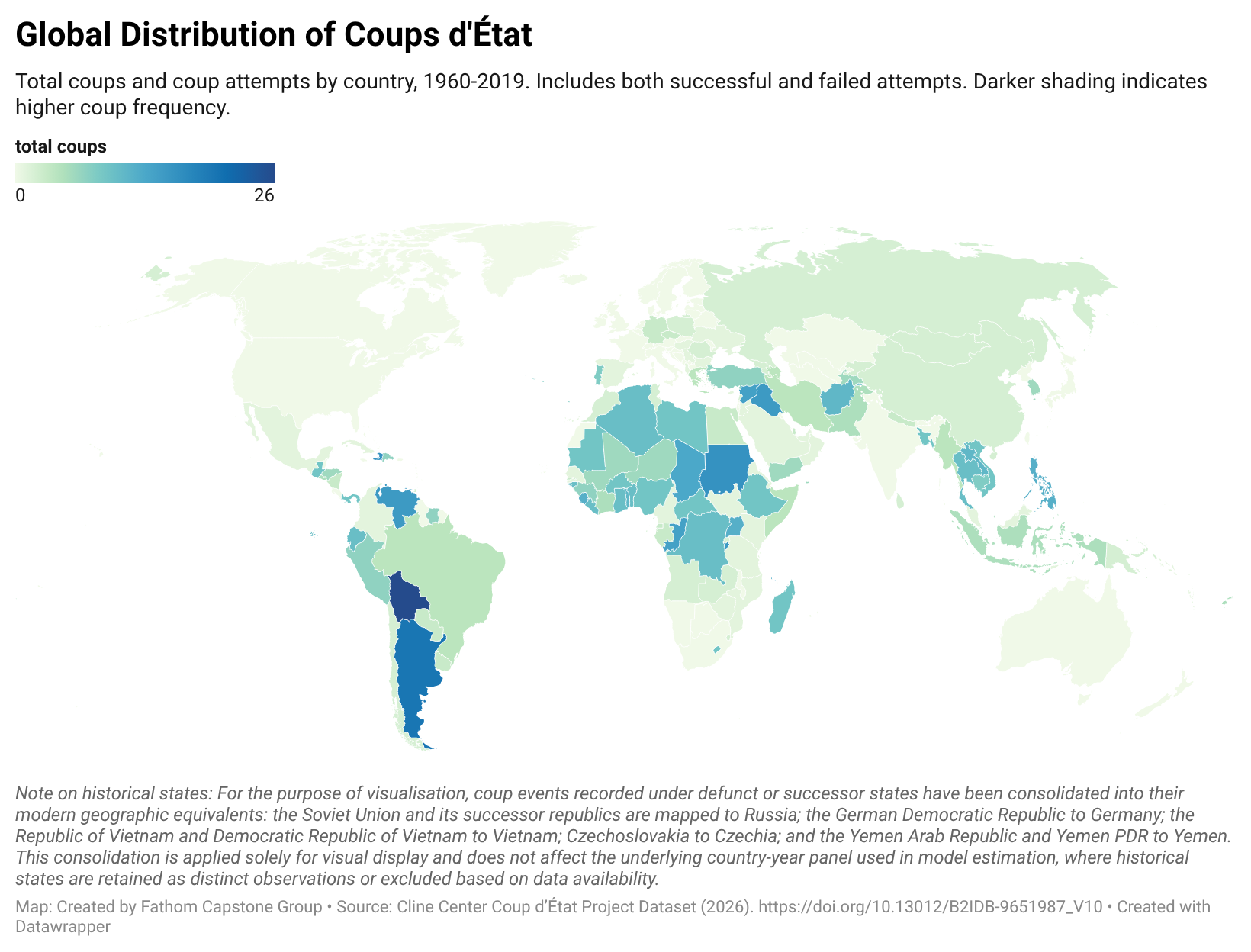 A chloropleth map of the global distribution of coup d'etat.