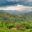 Rwandan countryside with terraced green hills and farmland under dramatic sunlight in a mountainous rural landscape