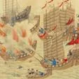 Historic naval battle scene depicting traditional wooden sailing ships engaged in battle at sea.
