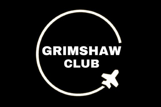 Grimshaw Logo - black background, white words with a circle around them and an aeroplane