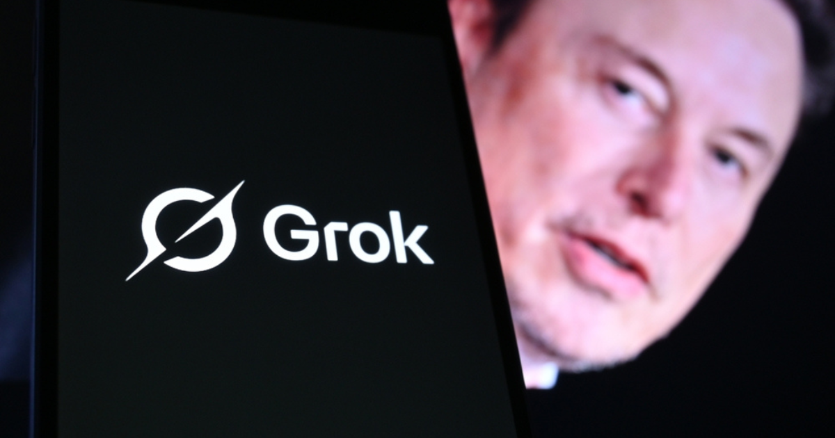 Grok logo and blurred Musk headshot