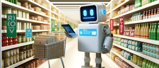 A cartoon of a robot in a supermarket holding a tablet.