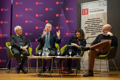 Nick Stern, Juan Manuel Santos, Mary Kaldor, Larry Kramer on stage as a panel at at GSoS public event