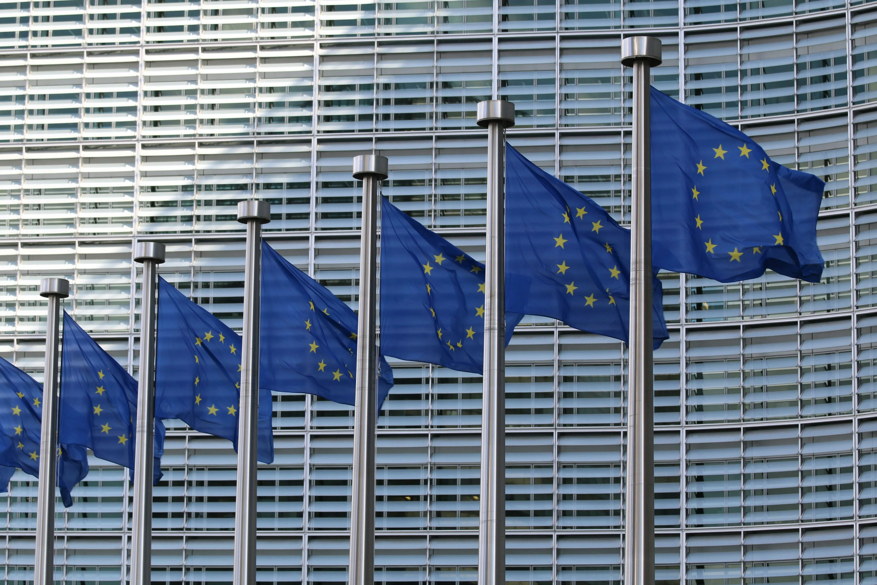 A photo of seven European Union flags in front of a building.