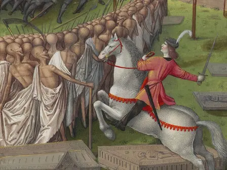 detailed of medieval painting of Horseman of death and shrouded figures