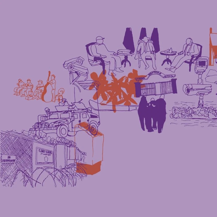 Illustration of sketch-like drawings, architectural shapes in purple and orange, arranged in layered composition.