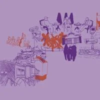 Illustration of sketch-like drawings, architectural shapes in purple and orange, arranged in layered composition.