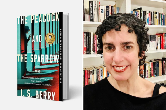 A headshot of I.S. Berry next to the front cover of her book The Peacock and The Sparrow