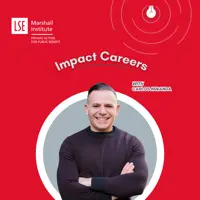 Man in front of a red background. Lightbulb in the top right corner, Marshall Institute logo in the top left corner