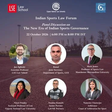 Poster for the Indian Sports Law Forum panel discussion on the future of Indian sports governance, featuring six expert speakers