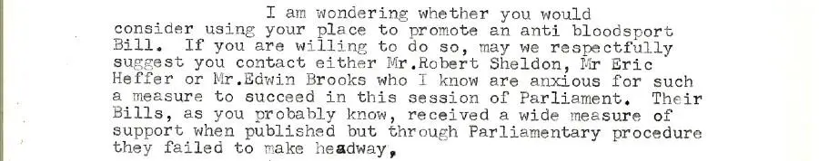 Part of a letter to Alf Morris MP from Raymond Rowley, Chairman of the League Against Cruel Sports, November 7th 1969