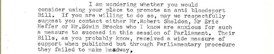 Part of a letter to Alf Morris MP from Raymond Rowley, Chairman of the League Against Cruel Sports, November 7th 1969