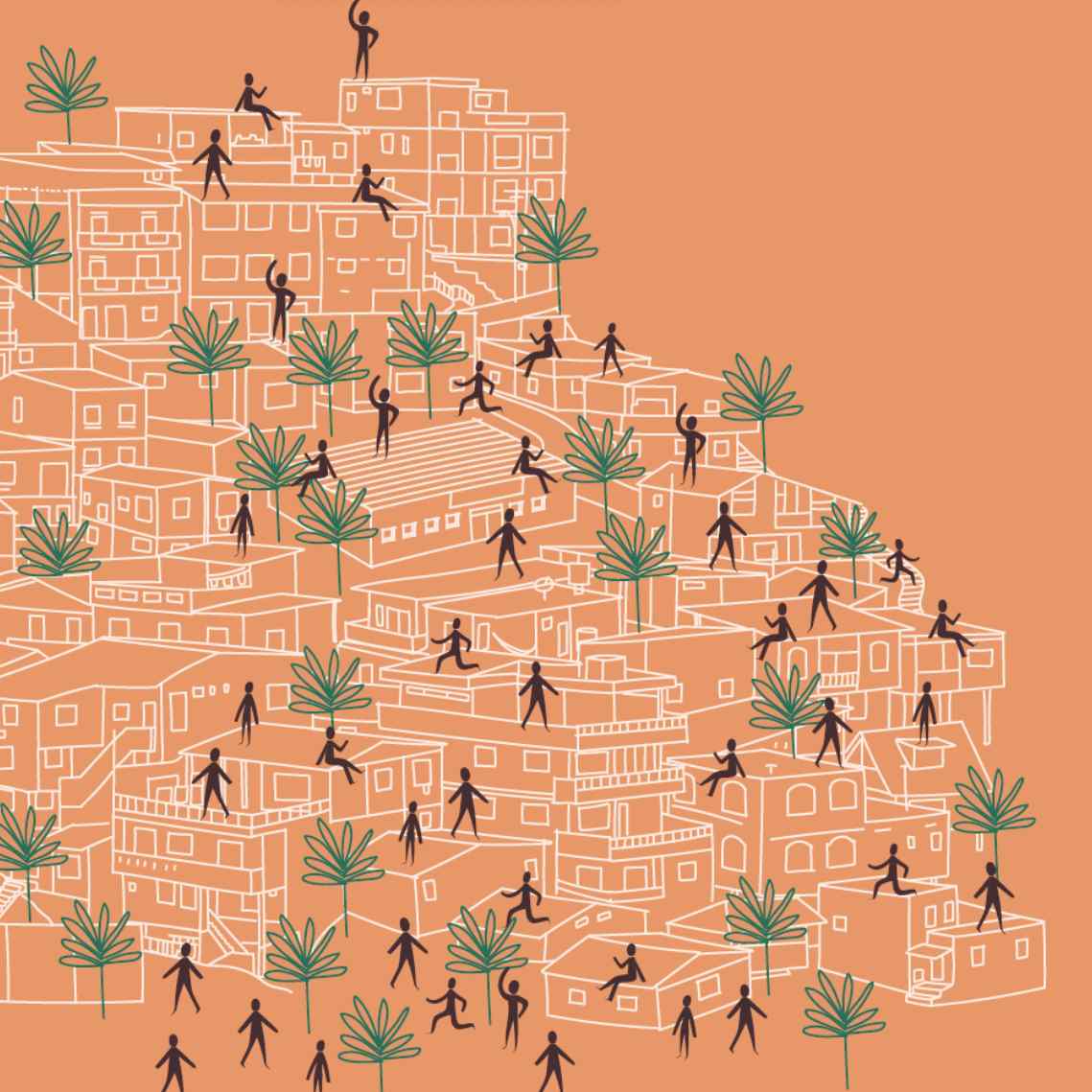 a graphic print of a hillside in white lines with silhouettes of people on an orange background