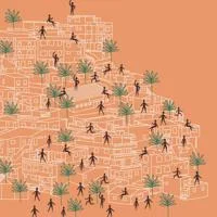 a graphic print of a hillside in white lines with silhouettes of people on an orange background