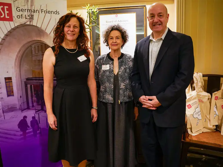 Pia Wagner stands with Lady Christiane Dahrendorf and LSE President Larry Kramer. Credit: Marie Eberhardt