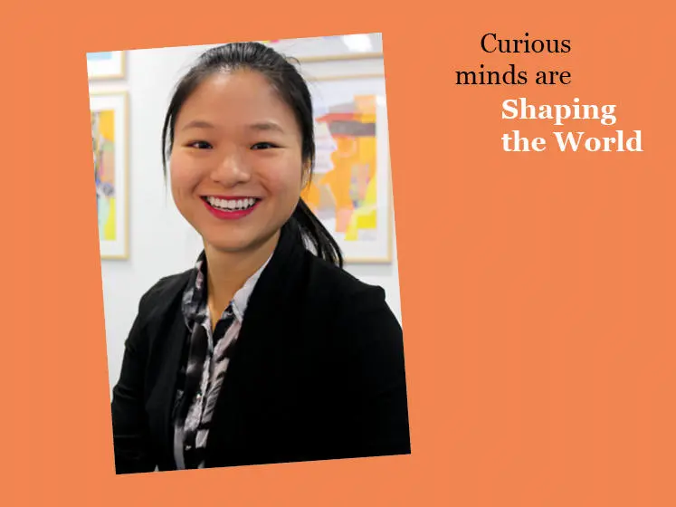 Orange graphic with image of Bingqian Gao wearing a suit and the text "Curious minds are shaping the world"