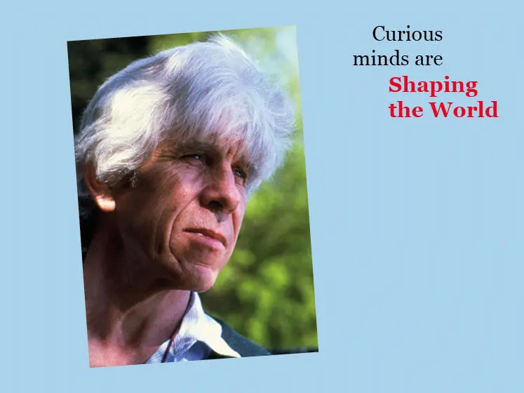 Blue graphic featuring an image of WD Hamilton with the text "Curious minds are shaping the world"