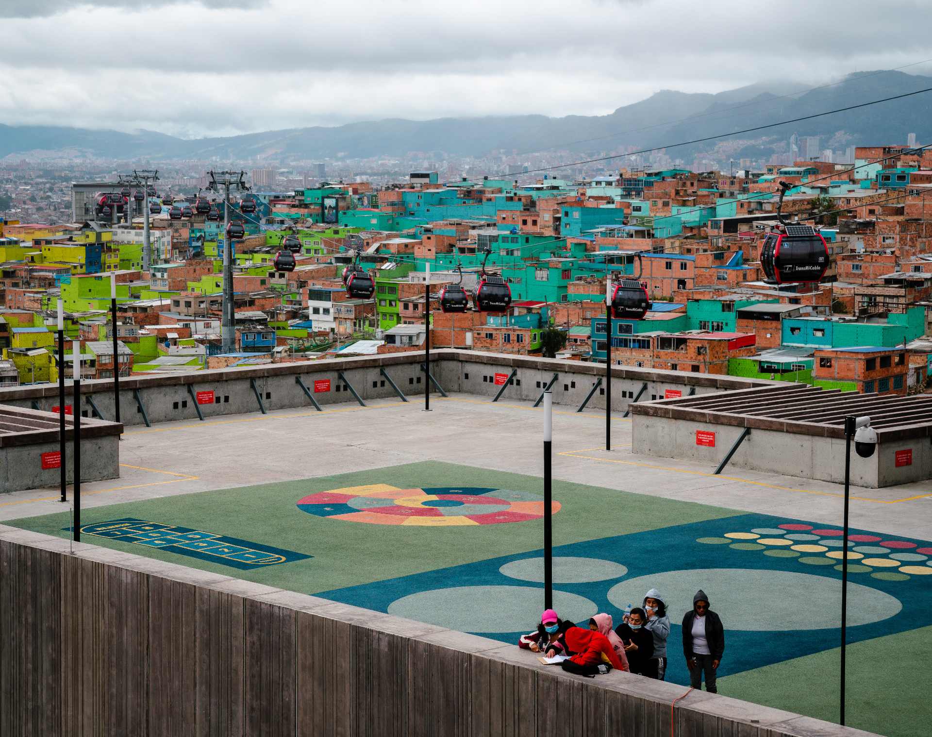 A rooftop playground with Bogota city as backdrop