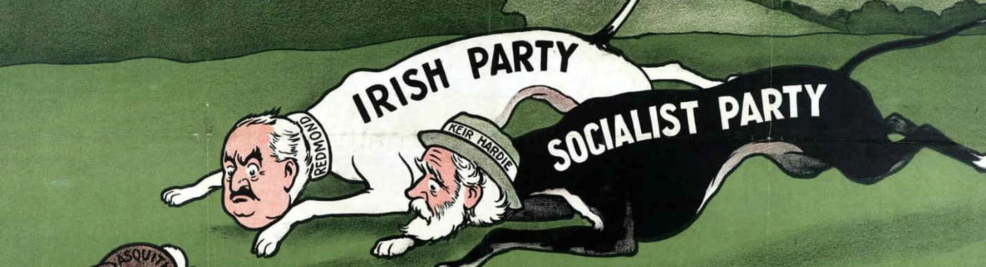 A cartoon of two politicians as dogs representing the Irish Party and Socialist Party chasing Asquith who is a hare
