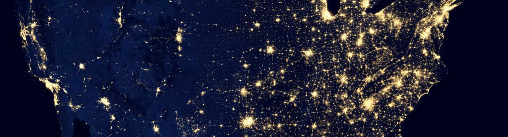 A night shot of the USA from space showing light pollution.
